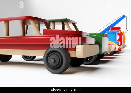 illustration 3d des jouets pour enfants d'un pick-up, jeep, convertible, camion à benne basculante, camion et grue multicolores sur un fond blanc isolé.Jouet écologique Banque D'Images