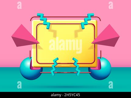 Cadre abstrait de style 90 avec objets et formes 3d volants.Arrière-plan rose et vert. Illustration de Vecteur