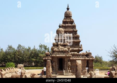 Vue générale du temple Shore, Mahabalipuram, Tamilnadu, Inde.Il a été classé au patrimoine mondial de l'UNESCO Banque D'Images