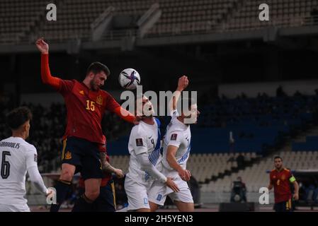 Athènes, Grèce.11 novembre 2021.L'Espagne a remporté la Grèce 1-0 à Athènes pour la partie qualifiante du groupe B de la coupe du monde de la FIFA.La Grèce finira troisième table.L'Espagne et la Suède auront la première place du groupe dans le prochain match dimanche.(Photo par Dimitrios Karvountzis/Pacific Press) crédit: Pacific Press Media production Corp./Alay Live News Banque D'Images