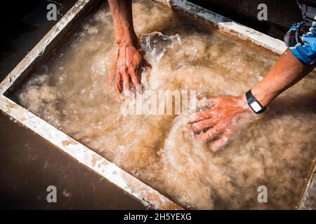 Octobre 2017.Le procédé consiste à recueillir l'écorce de Lokta (Daphne spp), à la tremper dans un bain caustique, à la puller dans un batteur manuel, à verser la pulpe sur les écrans et à la sécher au soleil.Le papier est ensuite transporté en paquets de 50kg sur une randonnée de quatre heures environ 2000 mètres en bas de la montagne à Chainpur où il est chargé sur les bus pour le voyage de 1000km 25 heures à Katmandou.Kailas, district de Bajhang, Népal. Banque D'Images