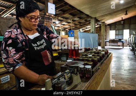 Juillet 2017.Elizabeth Palcay, chef cuisinier, effectue les contrôles de qualité finaux et termine l'emballage de la gelée d'hibiscus.La Kalihan Educational Foundation (KEF) gère une petite confiture, gelée, et d'autres aliments préparés faisant opération dans le cadre de leurs programmes de développement d'entreprise.Imugan, Nueva Vizcaya, Philippines. Banque D'Images