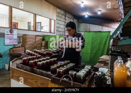 Juillet 2017.Elizabeth Palcay, chef cuisinier, effectue les contrôles de qualité finaux et termine l'emballage de la gelée d'hibiscus.La Kalihan Educational Foundation (KEF) gère une petite confiture, gelée, et d'autres aliments préparés faisant opération dans le cadre de leurs programmes de développement d'entreprise.Imugan, Nueva Vizcaya, Philippines. Banque D'Images
