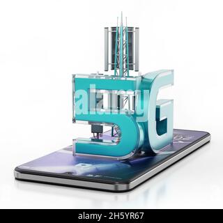 Smartphone générique avec symbole 5G isolé sur fond blanc.Illustration 3D. Banque D'Images