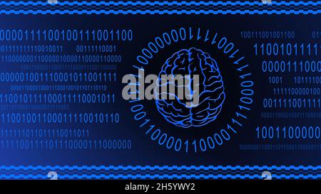 Symbole cérébral centré dans un anneau de code binaire sur fond numérique bleu - symbolique de l'intelligence artificielle ai - illustration 3D Banque D'Images