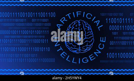 Symbole du cerveau centré dans l'intelligence artificielle lettrage sur fond de code binaire bleu - symbolique de l'intelligence artificielle ai - illustration 3D Banque D'Images