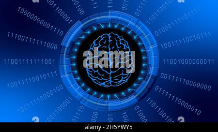 Symbole du cerveau centré dans les rayons de code binaire autour des éléments HUD en bleu - symbolique de l'intelligence artificielle ai - illustration 3D Banque D'Images
