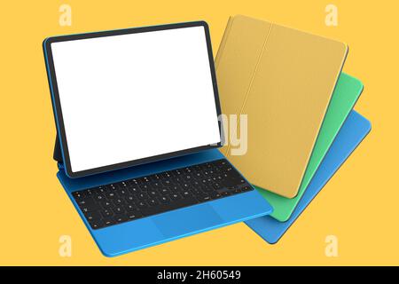 Ensemble de tablettes d'ordinateur avec clavier et écran vierge isolé sur fond jaune.Le concept de rendu 3D de l'équipement de créateur et compact Banque D'Images