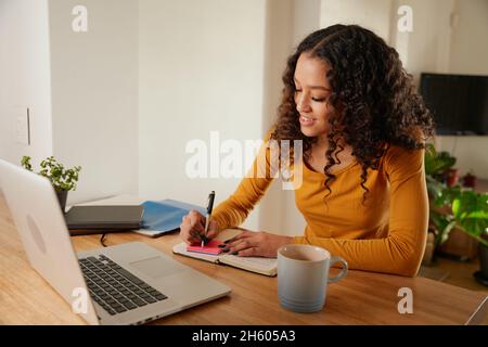 Femme multi-culturelle souriant, écrivant dans un carnet.Jeune professionnel travaillant à distance avec un ordinateur portable dans un appartement moderne Banque D'Images