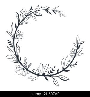 Belle couronne botanique avec fleurs et feuilles style Doodle.Cadre fleuri, modèle pour cartes de vœux ou de voeux.Bordure circulaire à feuilles, vecteur Illustration de Vecteur