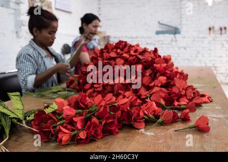 Octobre 2017.Papier d'écorce de lokta fleurs de rhododendron en train d'être fait pour Aveda à Himalayan Bio Trade Pvt.Ltd. Katmandou, Népal. Banque D'Images