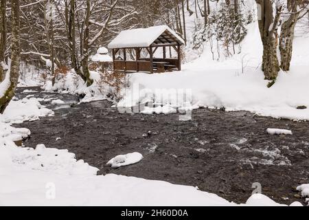 Un petit belvédère en bois dans les profondeurs d'une forêt d'hiver près d'un ruisseau de montagne froid et noyés marchent le long de lui, grimpant d'une vallée forestière Banque D'Images