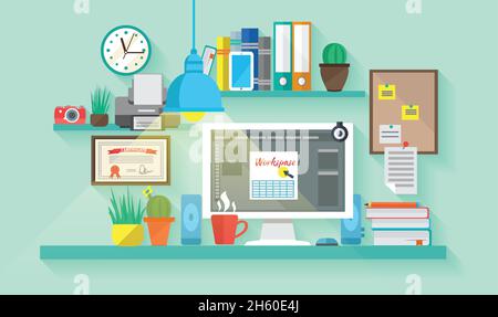Espace de travail dans l'intérieur de la salle avec table pour ordinateur et illustration vectorielle de la papeterie Illustration de Vecteur