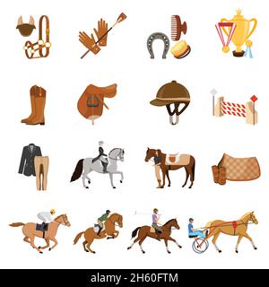 Sport équestre ensemble d'icônes plates avec trotters, équipement de cheval, objets de soin, cavaliers, trophées illustration vectorielle isolée Illustration de Vecteur