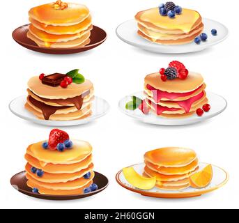 Crêpes au sirop d'érable ensemble de six images de plat isolées avec illustration vectorielle de différents ingrédients, baies et tranches de fruits Illustration de Vecteur