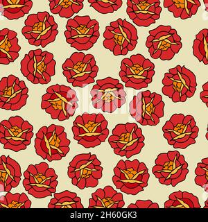 Motif vectoriel sans couture avec fleurs de style tatouage dans les tons de rouge, orange et jaune.Arrière-plan avec fleurs tattoo Illustration de Vecteur