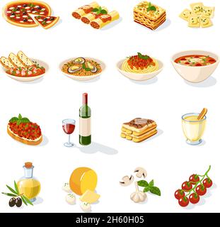 Ensemble de plats italiens avec pizza, pâtes, fromage, tomates, vecteur isolé illustration Illustration de Vecteur