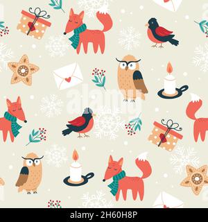 Motif de Noël avec renex, chouettes, oiseaux et bougies.Fond festif avec éléments dessinés à la main, illustration vectorielle Illustration de Vecteur