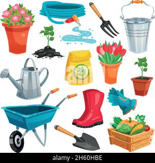 Ensemble de jardin avec arrosoir seau, bottes en caoutchouc pot de légumes biologiques dans un récipient coloré icônes isolées vecteur plat illustration Illustration de Vecteur