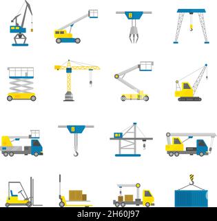 Équipement de levage transport de marchandises et machines de construction ensemble d'icônes plates illustration vectorielle isolée Illustration de Vecteur