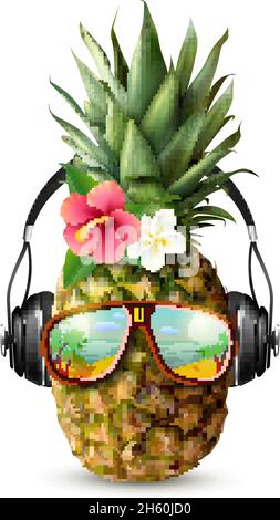 Concept réaliste avec ananas décoré avec des accessoires tendance lunettes écouteurs et des fleurs sur fond blanc illustration vectorielle Illustration de Vecteur