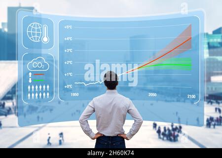 Réchauffement de la planète et changement climatique avec carte des projections de température de surface de la planète selon la politique de CO2.Dioxyde de carbone gaz à effet de serre Footprin Banque D'Images