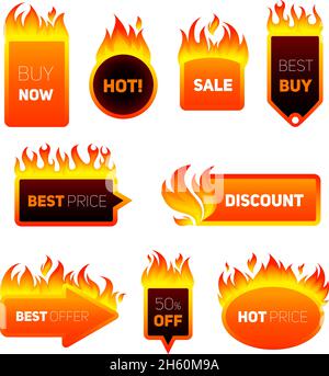 Prix chaud feu vente de flammes promotion badges de rabais ensemble isolé illustration vectorielle Illustration de Vecteur