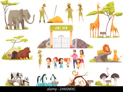 Ensemble de dessins animés d'enfants heureux avec leurs parents regardant divers animaux au zoo isolés sur fond blanc illustration vectorielle Illustration de Vecteur