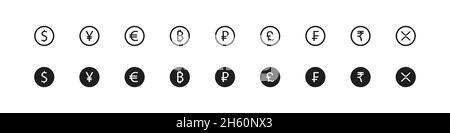 Ensemble d'icônes linéaires de vecteur de devise, collection de symboles bancaires en dollar yuan rouble yen avec symbole en bitcoin crypto-monnaie Illustration de Vecteur
