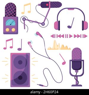 Icône de podcast et audio définie dans un style plat, isolée sur un arrière-plan blanc.Microphone, enregistrement, collection d'icônes de vague musicale. Illustration de Vecteur