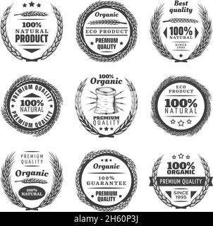 Jeu d'étiquettes de produits céréaliers vintage de qualité supérieure avec lettrage d'épis de blé couronne naturelle en illustration vectorielle isolée de style monochrome Illustration de Vecteur