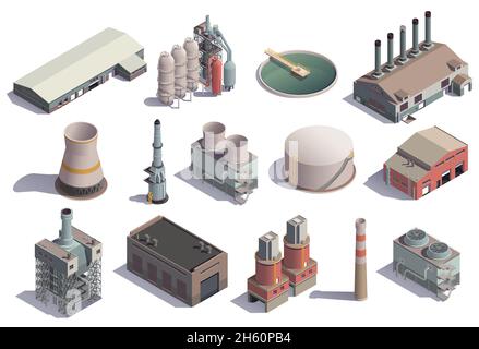 Bâtiments industriels icônes isométriques avec images isolées de l'usine fonctions à différentes fins avec illustration du vecteur d'ombres Illustration de Vecteur