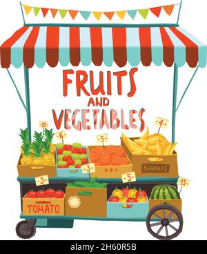 Chariot de vente de rue avec illustration vectorielle de fruits et légumes Illustration de Vecteur