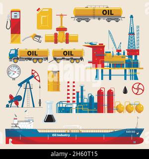 Icônes décoratives de l'industrie pétrolière avec navire de plate-forme de mer extractive et illustration vectorielle isolée de pipeline de citerne de chemin de fer Illustration de Vecteur