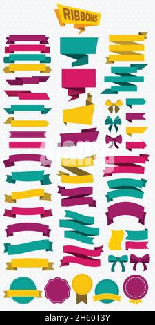 Ensemble d'éléments décoratifs de design lumineux avec rubans vides bannières rondes autocollants arcs et flèches illustration vectorielle isolée Illustration de Vecteur