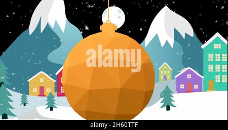 Image de chute de neige et de boule de noël orange balançant sur le paysage d'hiver Banque D'Images