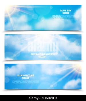 Ciel bleu avec rayons du soleil à travers les nuages trois horizontal été les bannières horaires définissent l'illustration vectorielle abstraite isolée Illustration de Vecteur