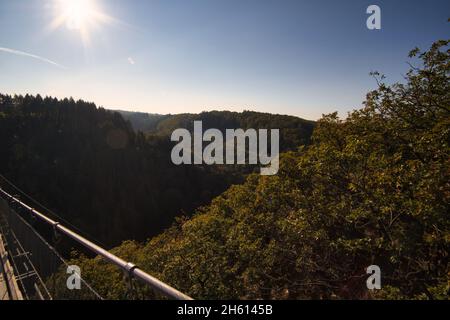 Vue sur le paysage depuis le pont suspendu de Geierlay.Magnifique paysage pour la randonnée Banque D'Images