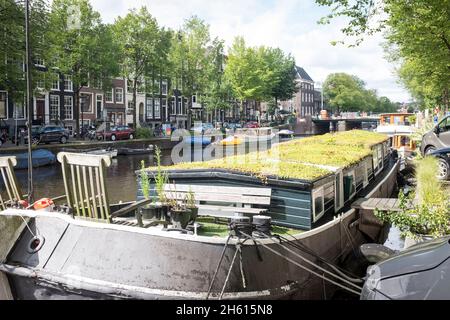 Un bateau résidentiel avec un toit vert dans le centre d'Amsterdam, aux pays-Bas.Avec 50% des pays-Bas sous le niveau de la mer, il est extrêmement vulnérable à l'élévation du niveau de la mer due au changement climatique. Banque D'Images