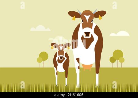 Illustration d'une vache et d'un veau debout sur un champ herbacé Illustration de Vecteur