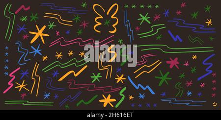 Éléments dessinés à la main colorés vecteur de lettrage.Étoiles, lignes, rayures, scinques, shinning. Illustration de Vecteur