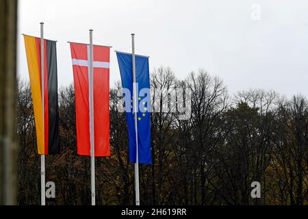 Berlin, Allemagne.11 novembre 2021.Les drapeaux de portrait de l'Allemagne, du Danemark et de l'Europe.La reine Margrethe II du Danemark et l'héritier du trône sont en Allemagne pour une visite d'État de plusieurs jours.Credit: Philipp Znidar/dpa/Alamy Live News Banque D'Images