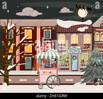 Vecteur rue d'hiver pour Noël.Illustration de dessin animé avec un arbre de Noël, des maisons, un bonhomme de neige et des décorations de fête.Villes européennes Illustration de Vecteur