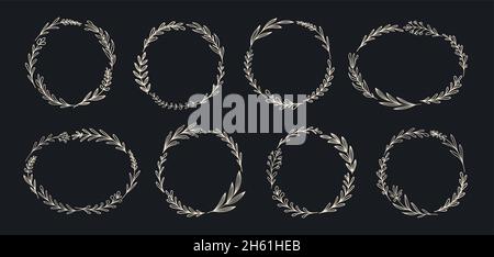 Couronne fleurie dessinée à la main.Cadre avec feuilles naturelles, branches et fleurs Illustration de Vecteur