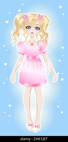 Blonde fille, dans une robe rose dans le style de l'anime, manga. Illustration de Vecteur
