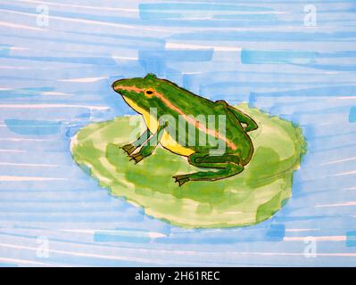 Une grenouille verte sur une feuille de nénuphars dans un étang.Dessin manuel d'enfant réalisé par des marqueurs de couleur. Banque D'Images