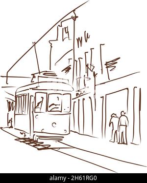 Ancien tramway de Lisbonne - illustration vectorielle.Esquisse du tramway de la ville de Lisbonne. Illustration de Vecteur