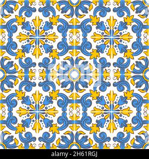 Azulejos portugais fleuris à la main.Motifs vectoriels sans couture fond gris abstrait pour toile de fond, imprimé, oreillers, texture de surface, papier peint. Illustration de Vecteur