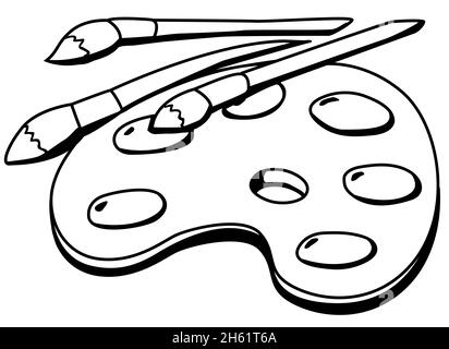 La palette peint un dessin de ligne de dessin animé d'objet, vectoriel, horizontal, noir et blanc, isolé Illustration de Vecteur