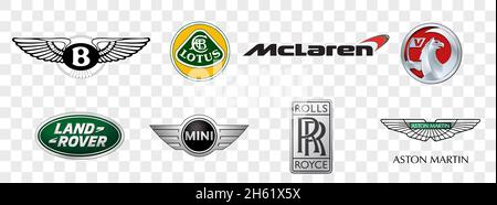 Kiev, Ukraine - 15 novembre 2020: Collection de logos de voitures britanniques imprimés sur transparent: mclaren, mini, Rolls Roys, bentley, aston martin Banque D'Images